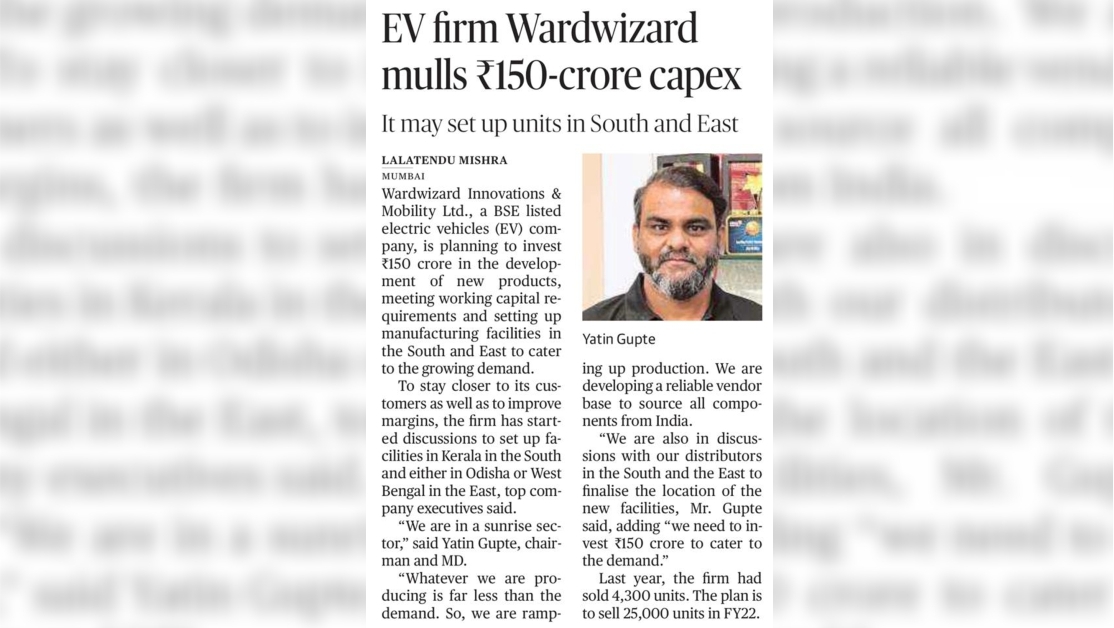 EV firm Wardwizard mulls ₹150-crore capex